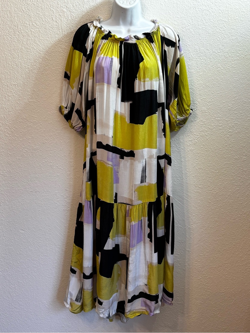 Masai Copenhagen MaNaneh Abstract Paintbrush Smocked Off-Shoulder Tiered Dress M